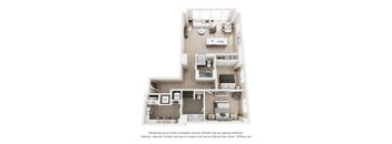 A 3D floor plan of a house with a kitchen, living room, and two bedrooms.