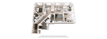 A 3D floor plan of a house with a kitchen, living room, and bathrooms.