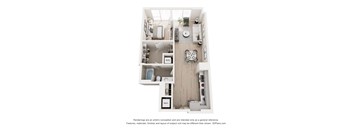 A 3D floor plan of a small apartment with a kitchen, living room, and bathroom.