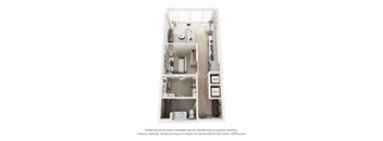 A 3D floor plan of a small apartment with a kitchen, living room, and bathroom.