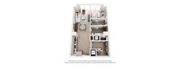 A 3D floor plan of a small apartment with a kitchen, living room, and bathroom.