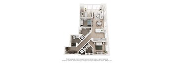 A 3D floor plan of a house with a kitchen, living room, and bedrooms.