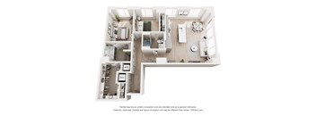 A 3D floor plan of a house with a kitchen, living room, and two bedrooms.