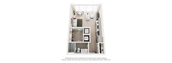 A 3D floor plan of a small apartment with a kitchen, living room, and bathroom.