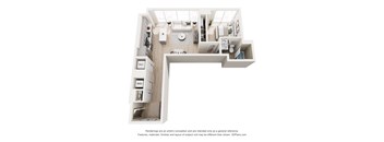 A 3D floor plan of a house with a kitchen, living room, and bathroom.