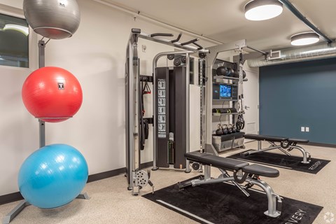 A gym with a red and blue exercise ball, a weight machine, and a bench.