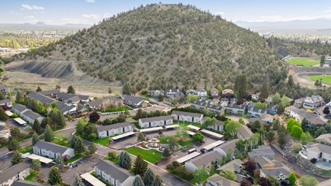 A residential area with houses and a large hill in the background.