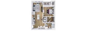 A top-down view of a small, neatly organized apartment with a kitchen, living room, and bedroom.