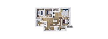 A 3D floor plan of a small apartment with a kitchen, living room, and bedroom.