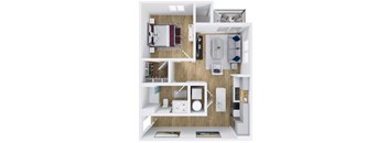 A top-down view of a small apartment with a bedroom, living room, and kitchen.
