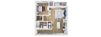 A top-down view of a small apartment with a bedroom, living room, and kitchen.
