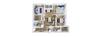 A top-down view of a house layout with multiple rooms and furniture.