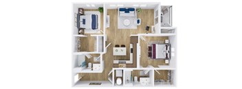 A top-down view of a small apartment with a kitchen, living room, and bedroom.
