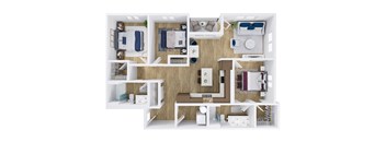 A top-down view of a small apartment with a kitchen, living room, and bedroom.