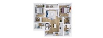 A top-down view of a modern, minimalist apartment with a central living area, kitchen, and bedroom.