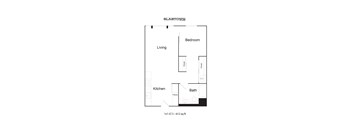 A floor plan for a Slabtown apartment shows a living room, kitchen, bathroom and bedroom.