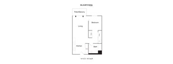 A floor plan for a Slabtown apartment with a living room, kitchen, bathroom and bedroom.