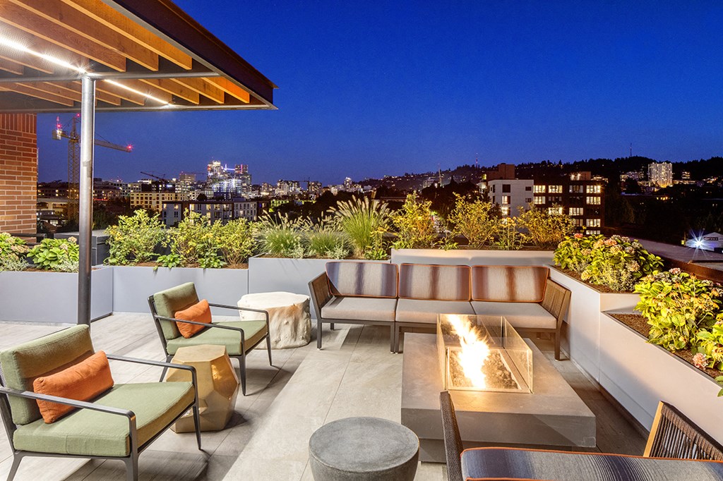 Slabtown Flats Rooftop Fireplace at Night