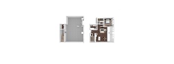A floor plan of a two-bedroom apartment with a living room and kitchen.