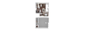 A white floor plan of a house with a kitchen, living room, and bedrooms.