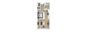 A top-down view of a small apartment layout with a kitchen, living room, and bedroom.