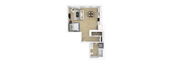 A top down view of a small apartment with a kitchen, living room, and bedroom.