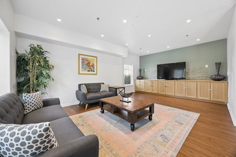 A living room with a grey couch and a wooden coffee table.