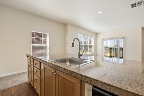 A kitchen with a sink and a window.