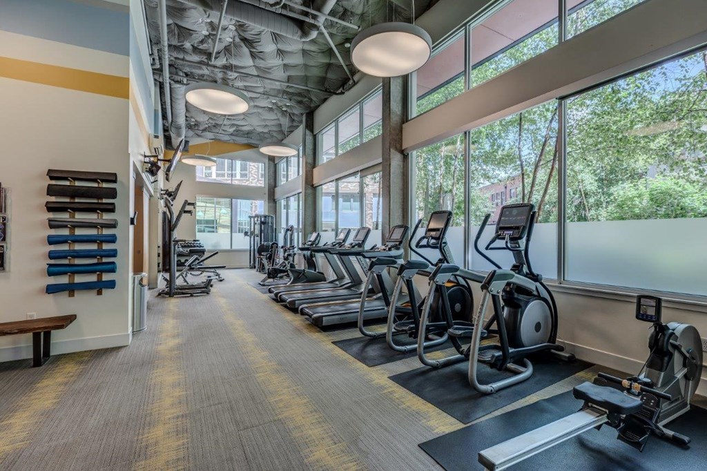 a gym with cardio equipment and large windows