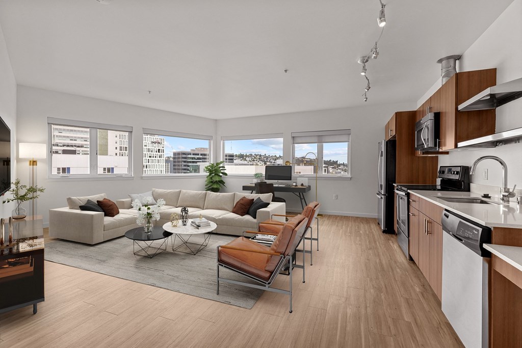 Stack House Apartments in Seattle, Washington Model Living Room and Kitchen