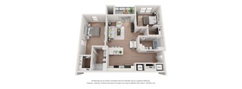 A 3D floor plan of a 2 bedroom layout with two bedrooms, two bathrooms, kitchen, and living room.