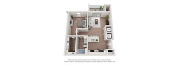 A 3D floor plan of a one bedroom layout with a kitchen, living room, and bathroom.