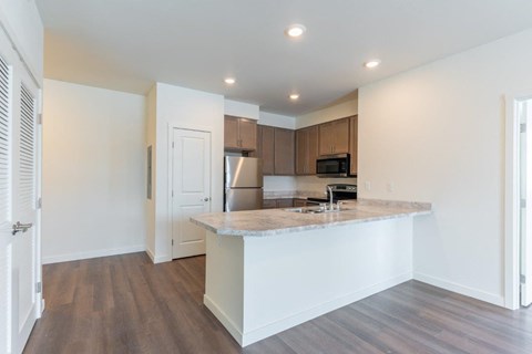 a kitchen with a counter top and