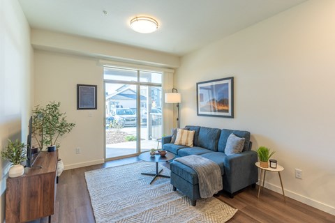 a living room with a blue couch and a sliding glass door