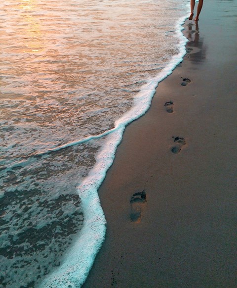 Footprints in the sand leading to the water's edge.