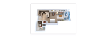 A floor plan of a small apartment with a kitchen, living room, and two bedrooms.