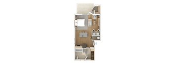 A top-down view of a small apartment with a bedroom, living room, and kitchen.