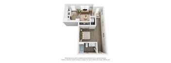 A 3D floor plan of a small apartment with a kitchen, living room, and bathroom.