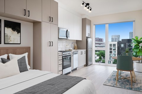 A modern bedroom with a large bed and a kitchen area with a dishwasher and oven.