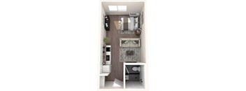 A small room with a bed, a desk, and a kitchenette.