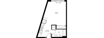 A floor plan of a studio apartment with a kitchen, bathroom, and living room.