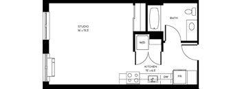 A floor plan of a studio apartment with a kitchen, bathroom, and a studio space.