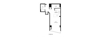 A floor plan of a studio apartment with a living room, kitchen, bathroom, and closet.