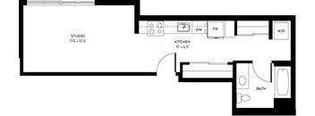A floor plan of a house with a studio, kitchen, and bath.