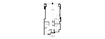 A black and white drawing of a floor plan for a studio apartment.