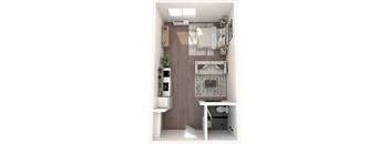 A small, modern kitchen with a sink, stove, and refrigerator.
