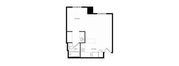 A floor plan of a room with a sleeping area, kitchen, and bathroom.