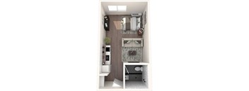A small room with a bed, a desk, and a chair.