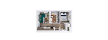A top-down view of a small apartment with a kitchen, living room, and bathroom.
