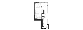 A black and white image of a floor plan for a Studio at 888 Bellevue apartments.